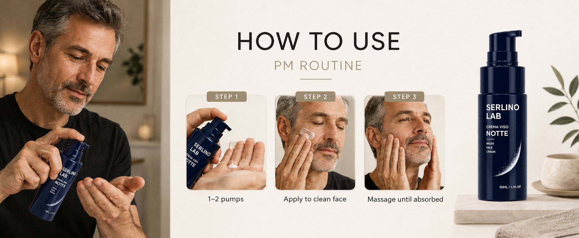 How to use Notte: one to two pumps on a clean face, massage until absorbed